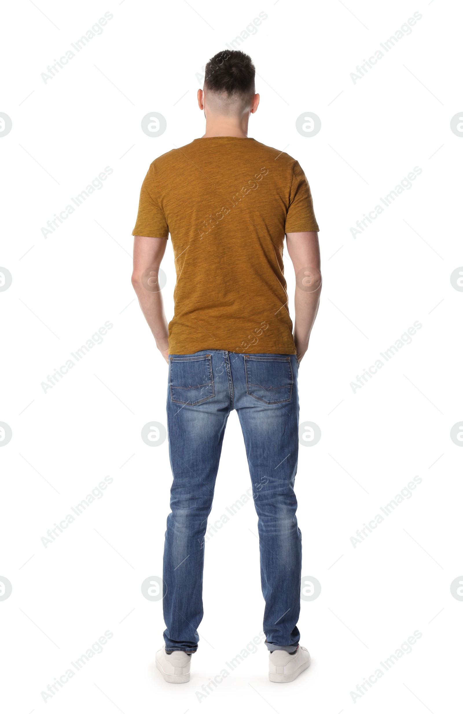 Photo of Man standing in queue on white background, back view