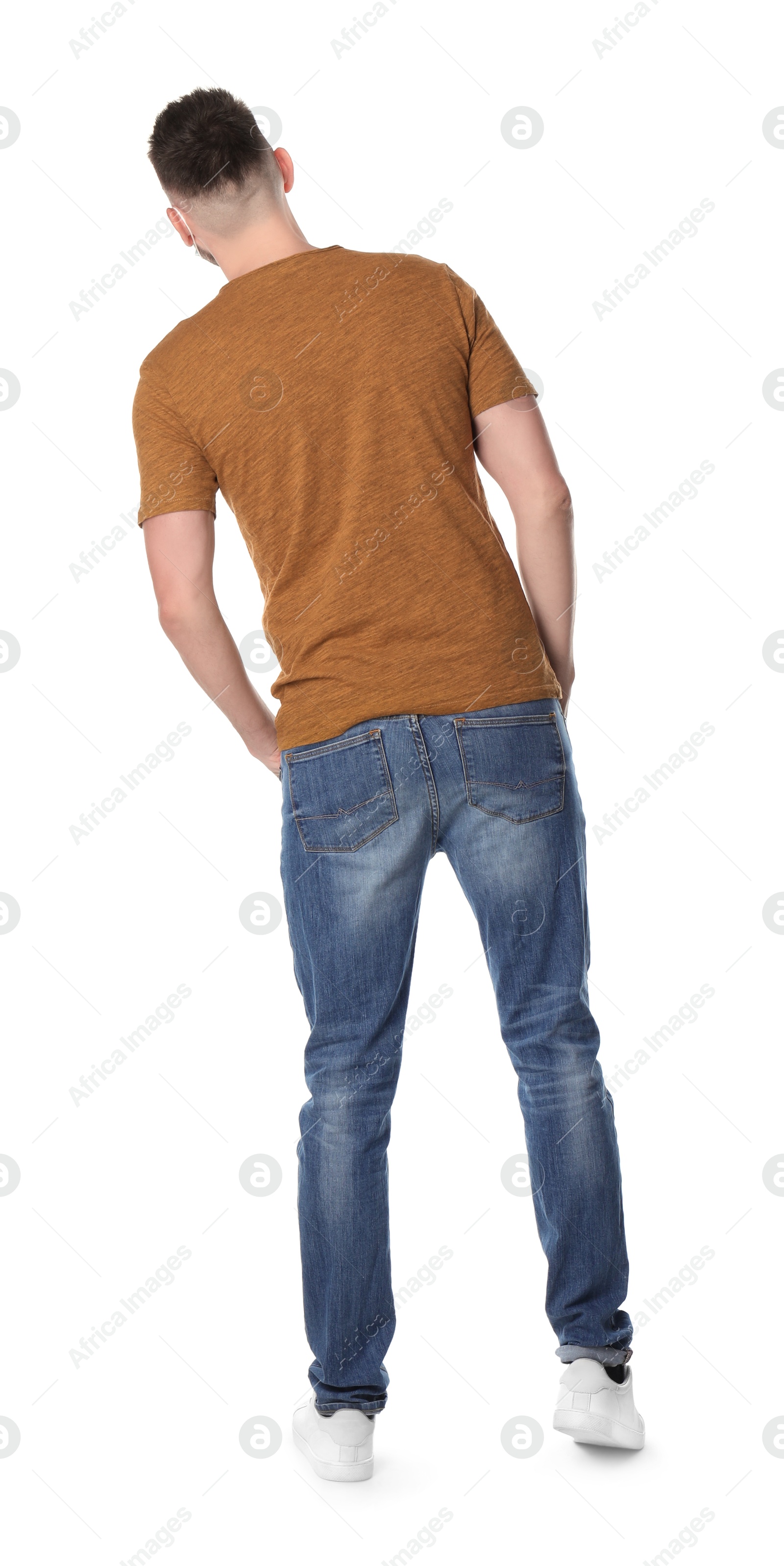 Photo of Man standing in queue on white background, back view