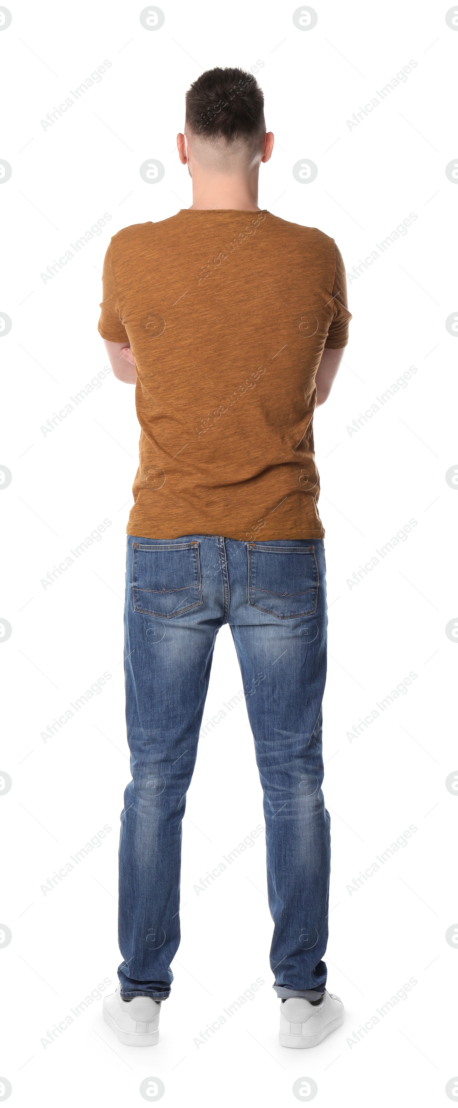 Photo of Man standing in queue on white background, back view