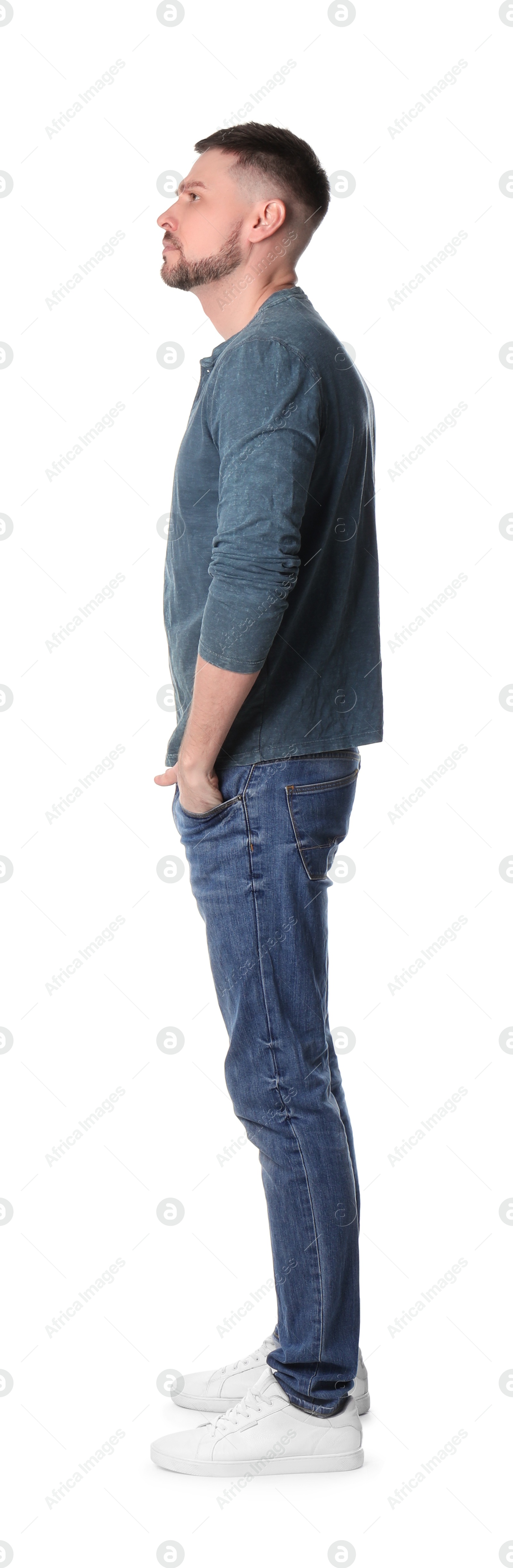 Photo of Man standing in queue on white background