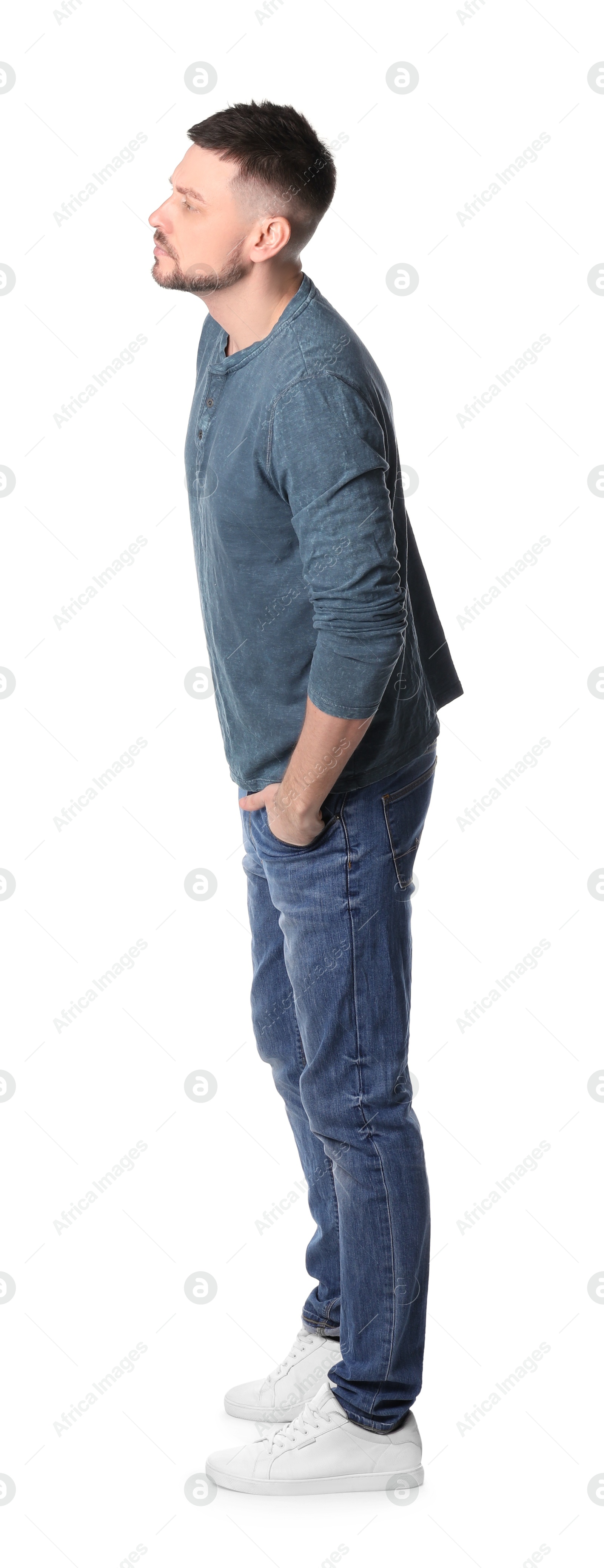 Photo of Man standing in queue on white background