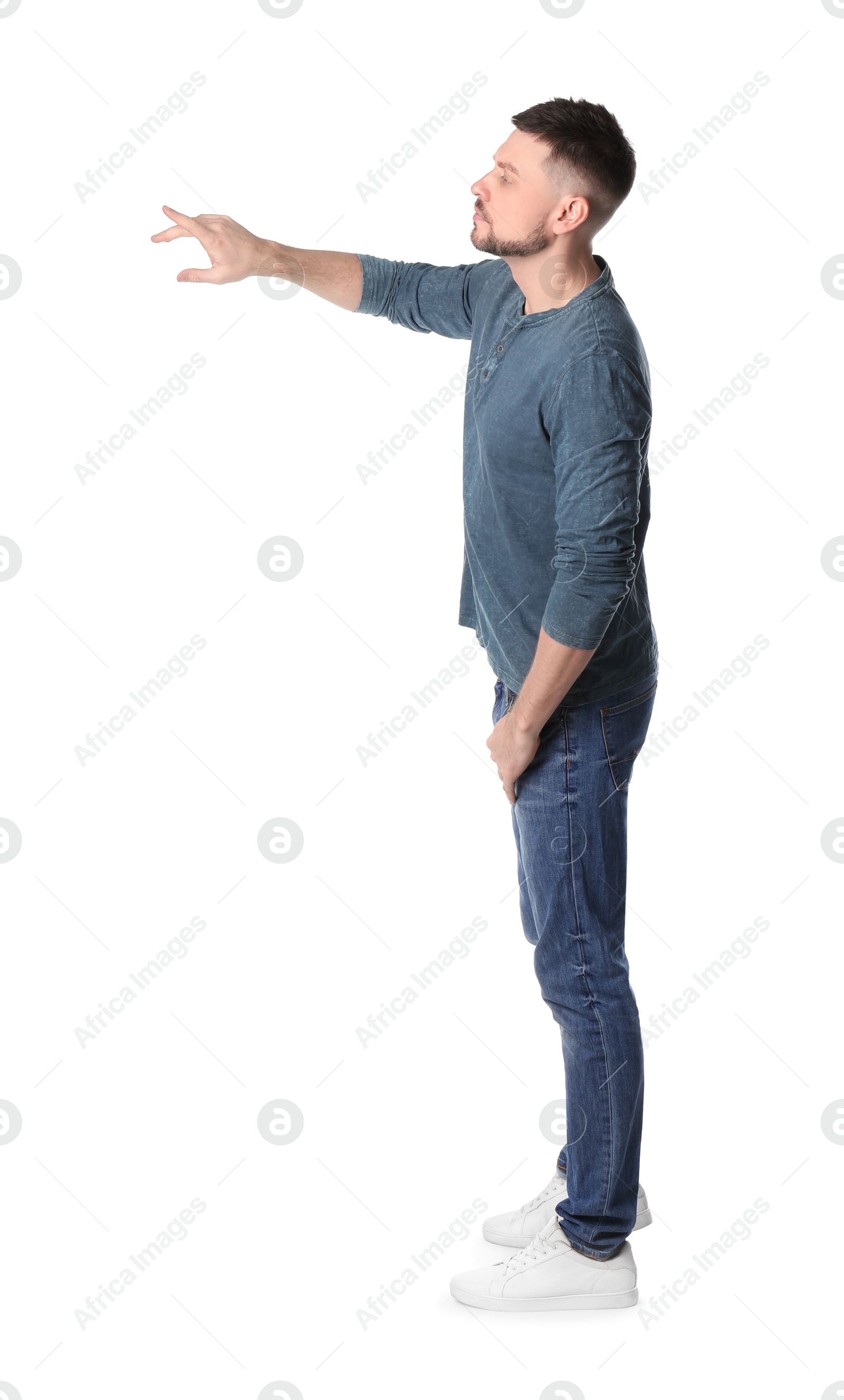 Photo of Man standing in queue on white background