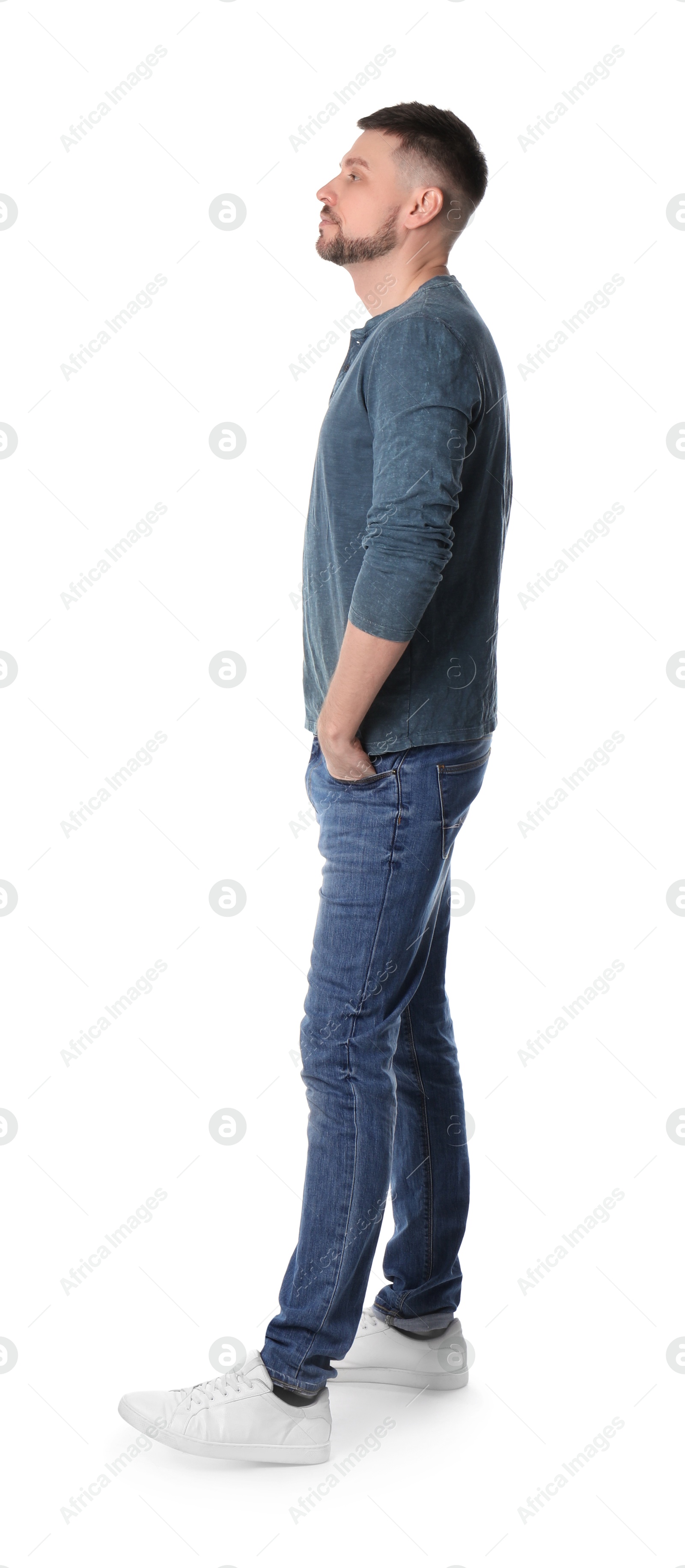 Photo of Man standing in queue on white background