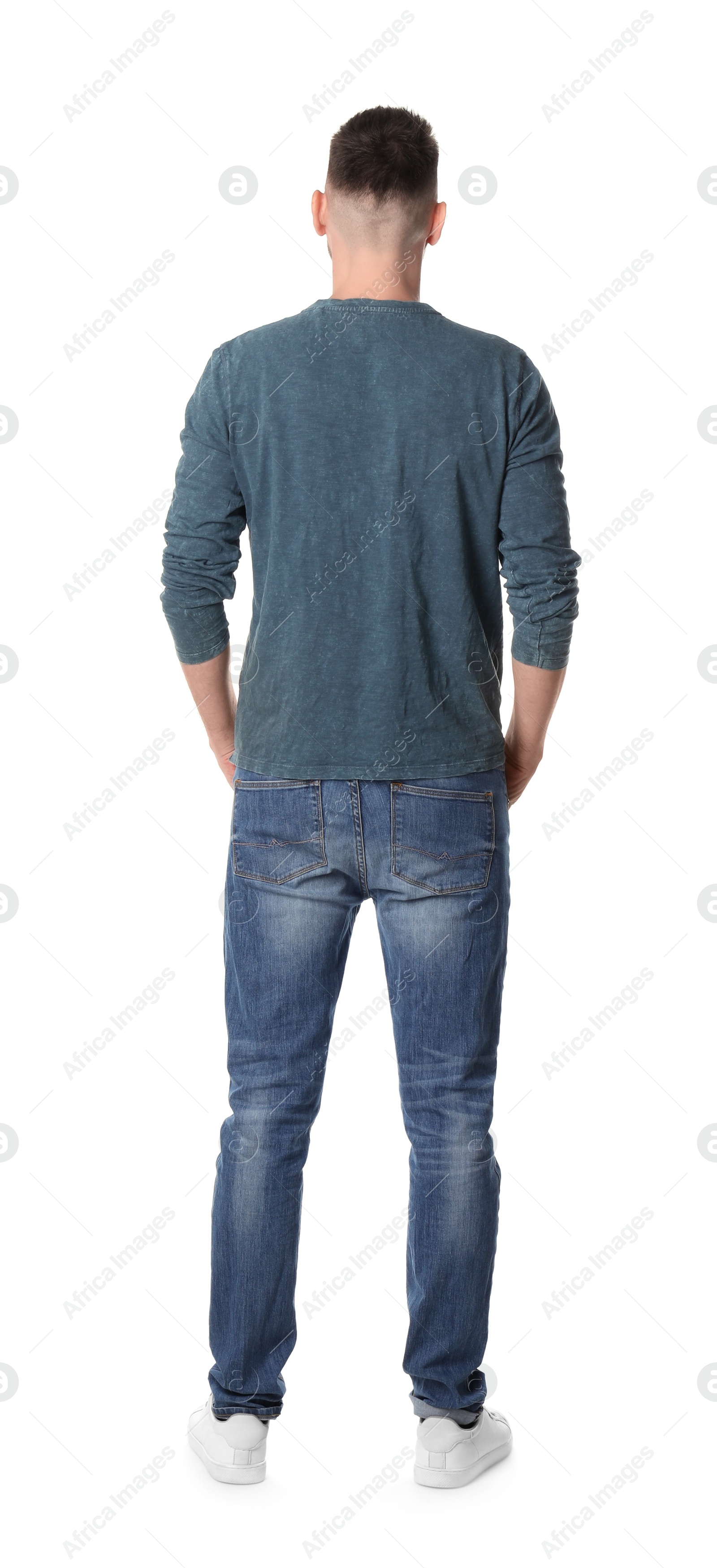 Photo of Man standing in queue on white background, back view