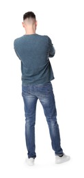 Photo of Man standing in queue on white background, back view