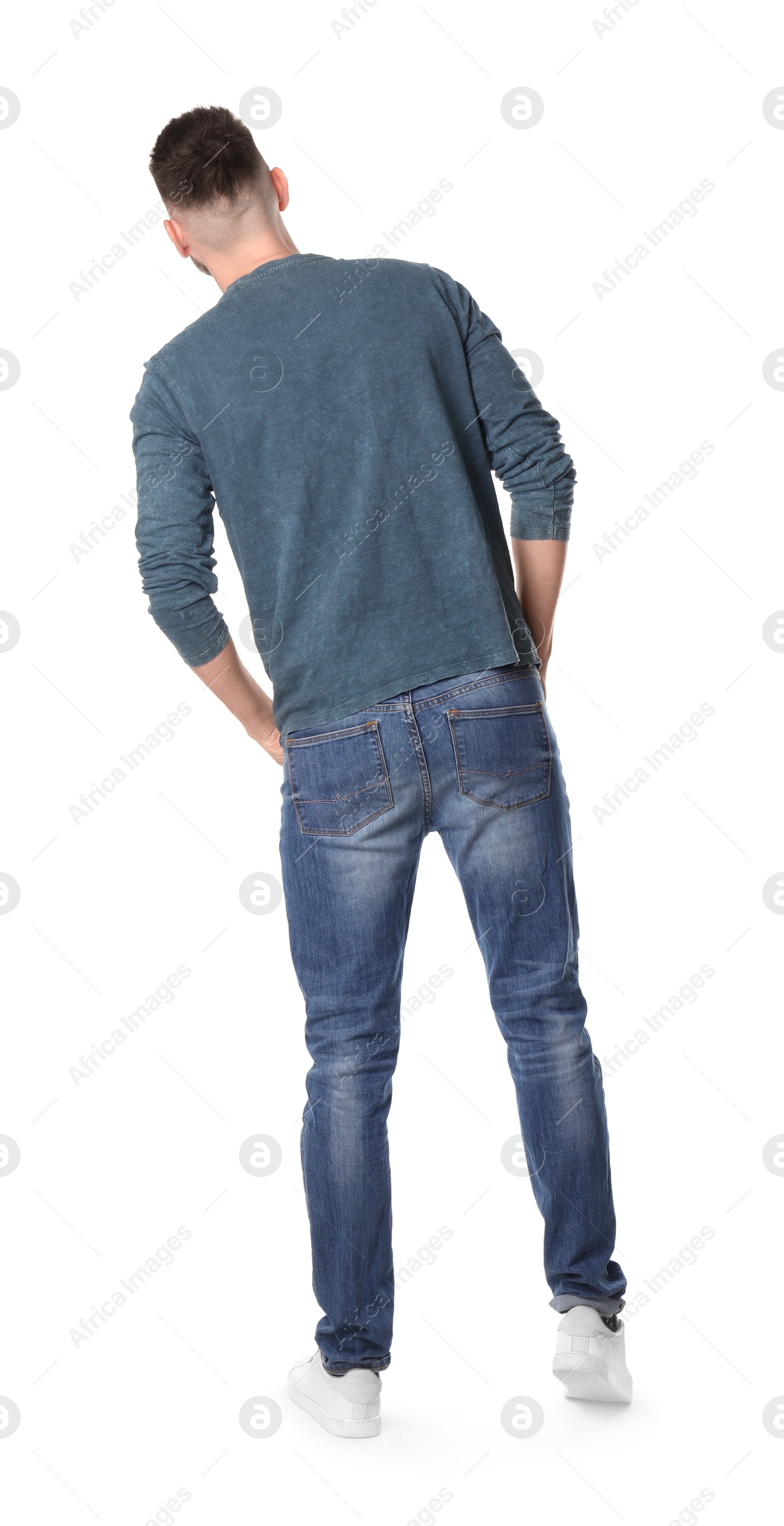 Photo of Man standing in queue on white background, back view