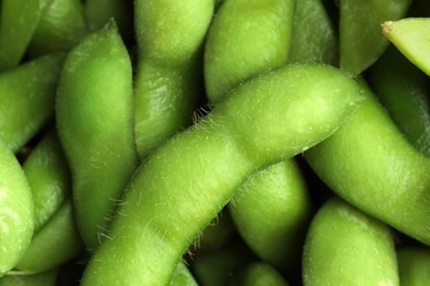 Photo of Fresh edamame pods as background, above view