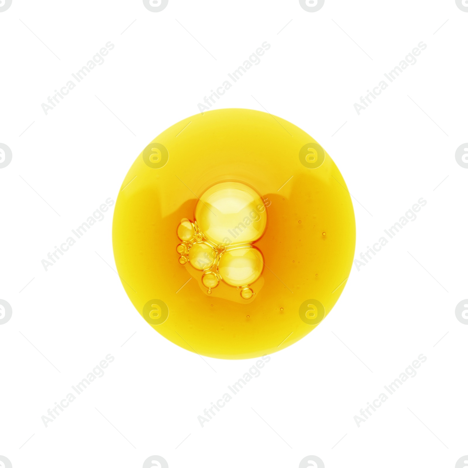 Photo of Essential oil drop isolated on white, top view. Cosmetic product