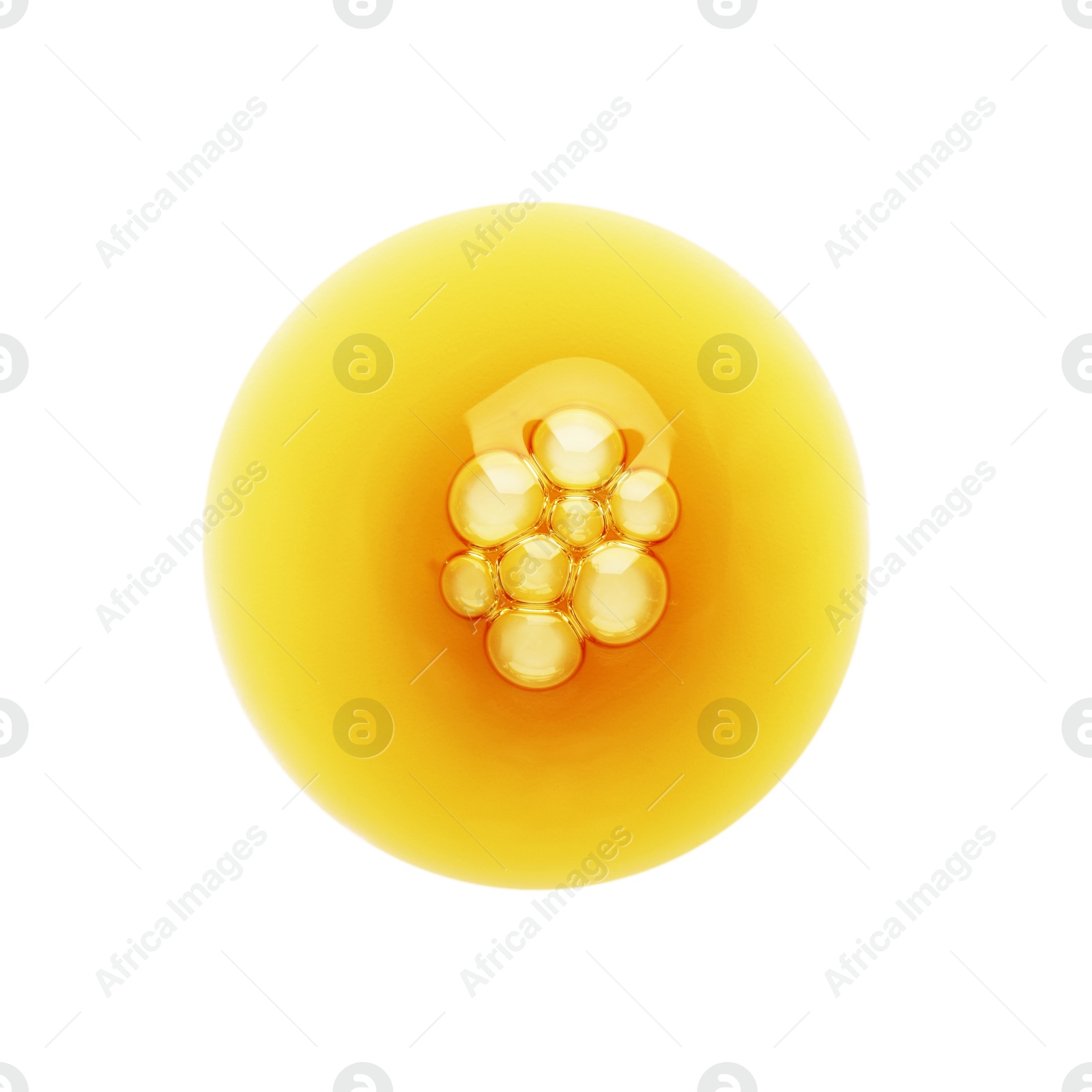 Photo of Essential oil drop isolated on white, top view. Cosmetic product