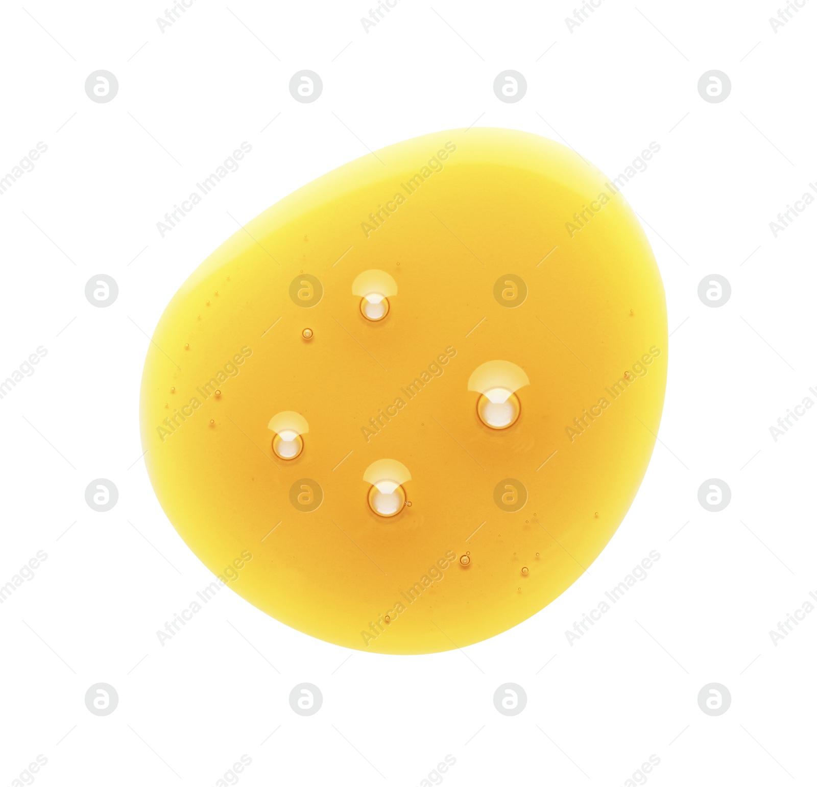 Photo of Essential oil drop isolated on white, top view. Cosmetic product