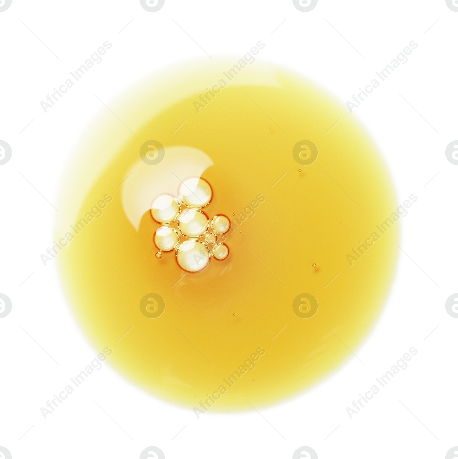 Photo of Essential oil drop isolated on white, top view. Cosmetic product