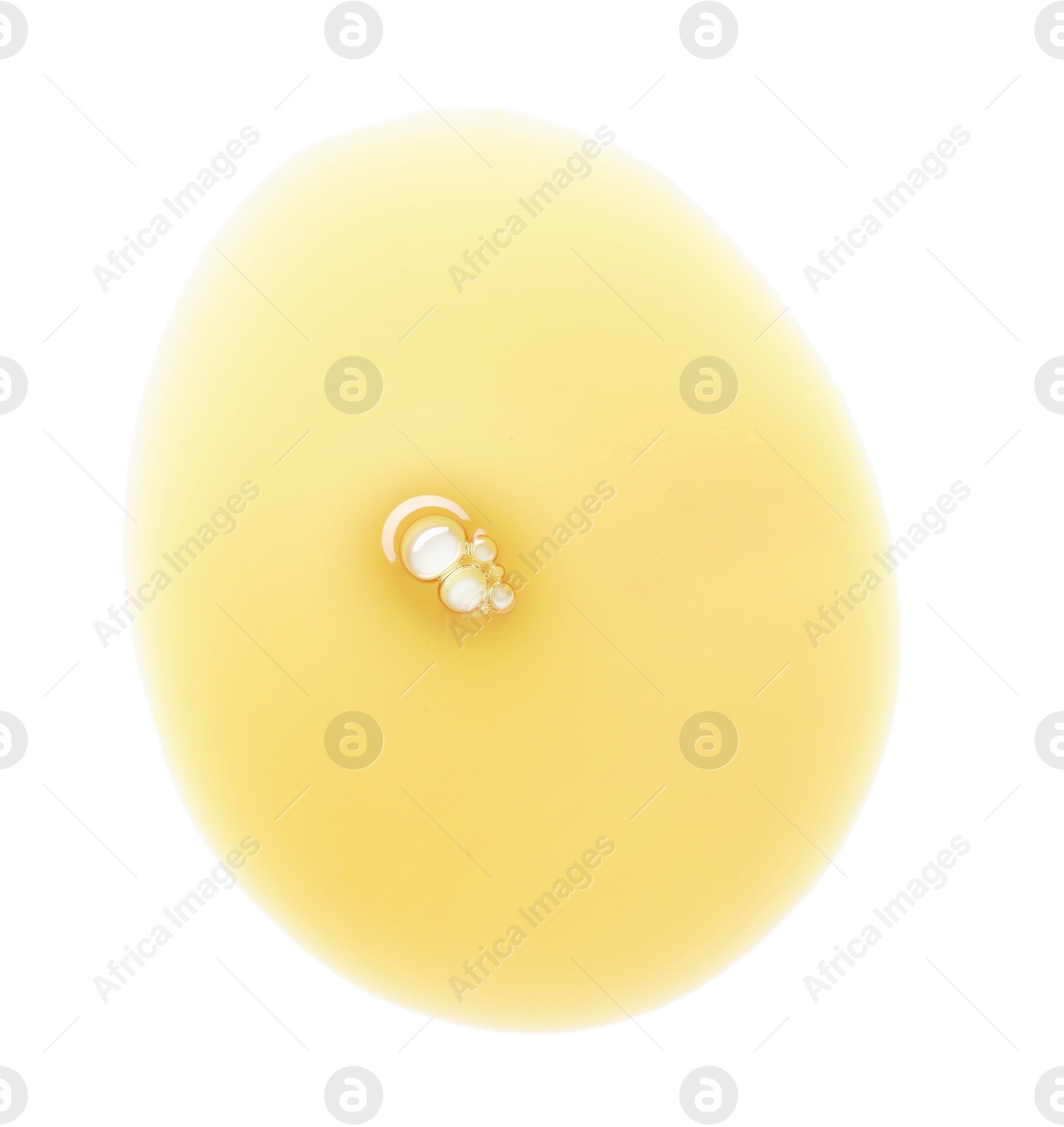 Photo of Essential oil drop isolated on white, top view. Cosmetic product