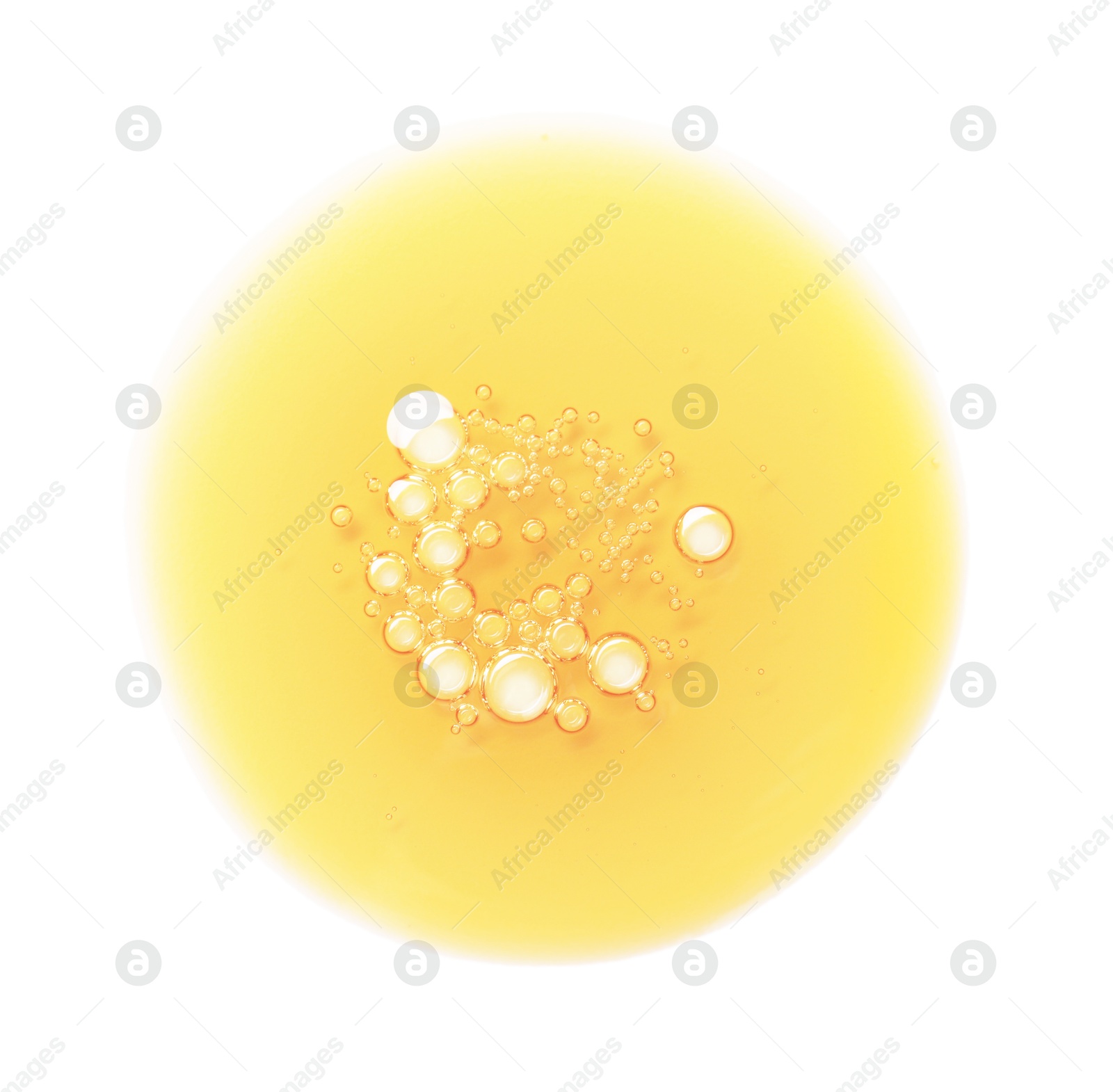 Photo of Essential oil drop isolated on white, top view. Cosmetic product