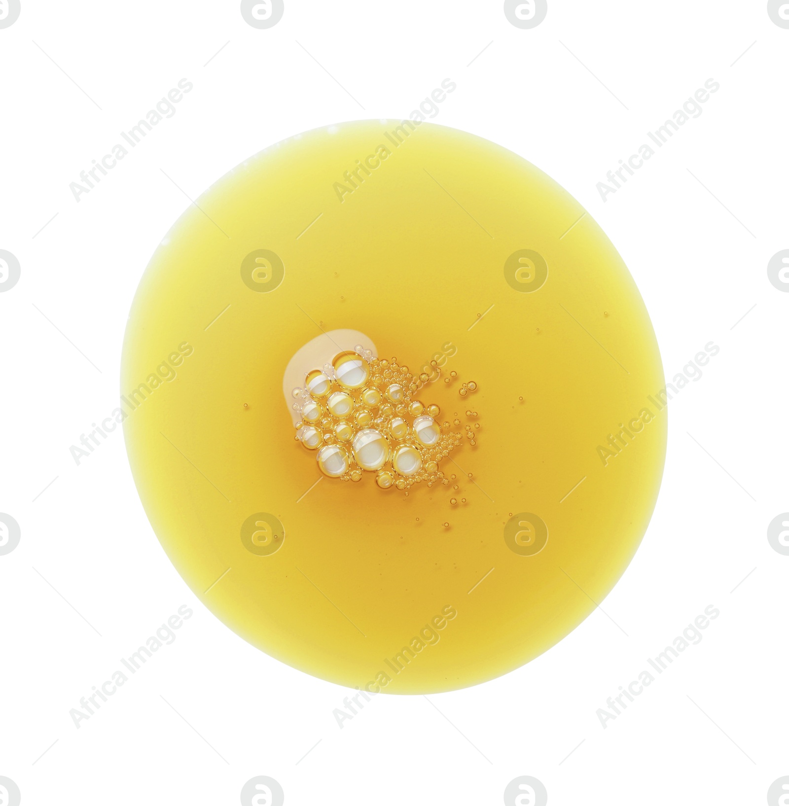 Photo of Essential oil drop isolated on white, top view. Cosmetic product