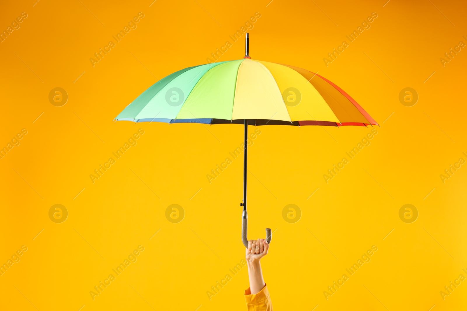 Photo of Woman with colorful umbrella on yellow background, closeup