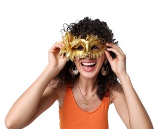 Smiling young woman in carnival mask isolated on white