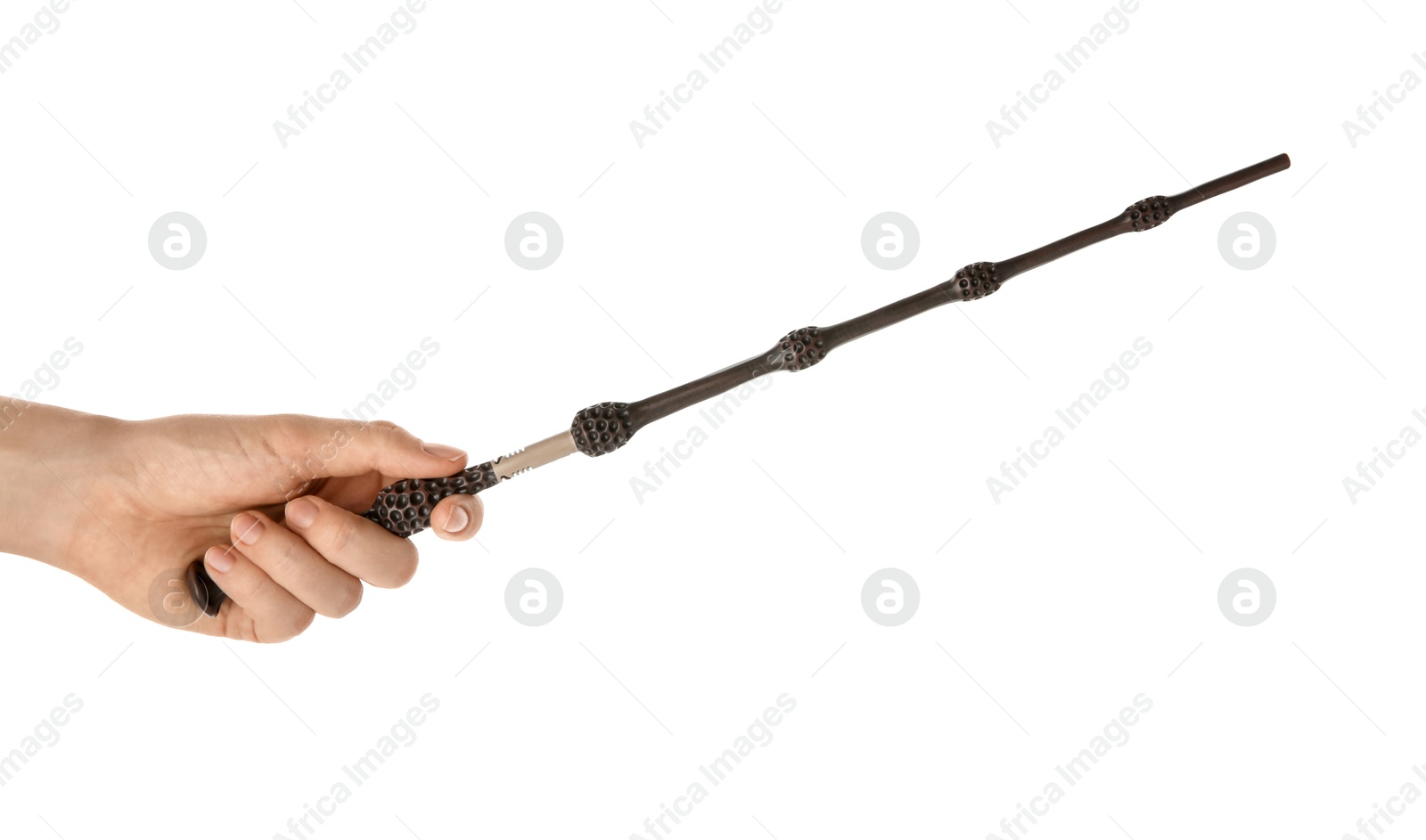 Photo of Woman with magic wand on white background, closeup