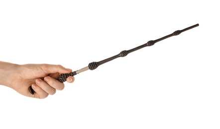 Woman with magic wand on white background, closeup