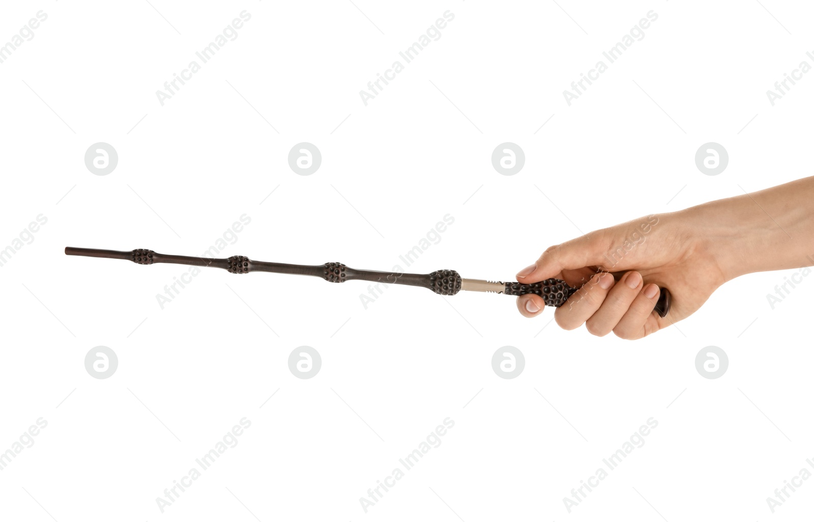 Photo of Woman with magic wand on white background, closeup