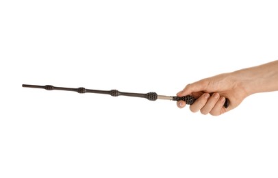 Woman with magic wand on white background, closeup