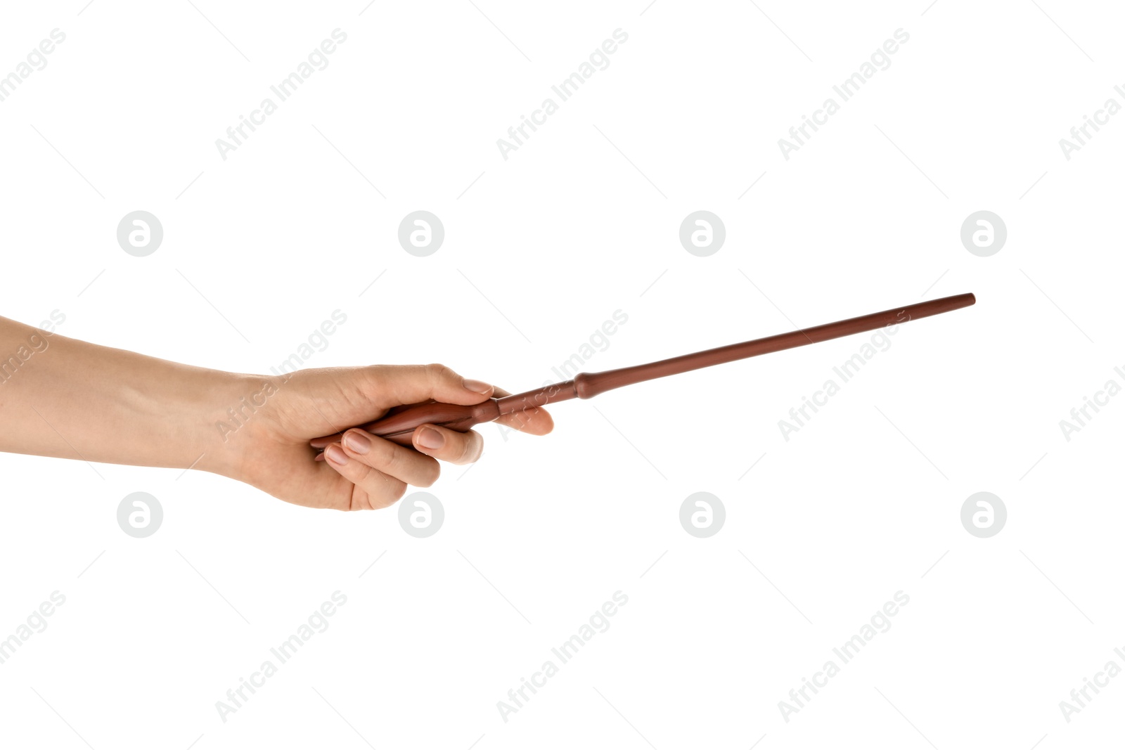 Photo of Woman with magic wand on white background, closeup