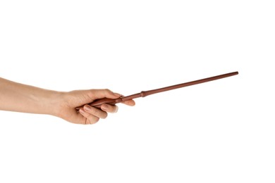 Photo of Woman with magic wand on white background, closeup