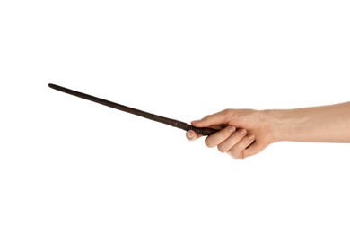 Woman with magic wand on white background, closeup