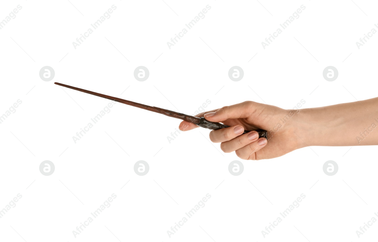 Photo of Woman with magic wand on white background, closeup