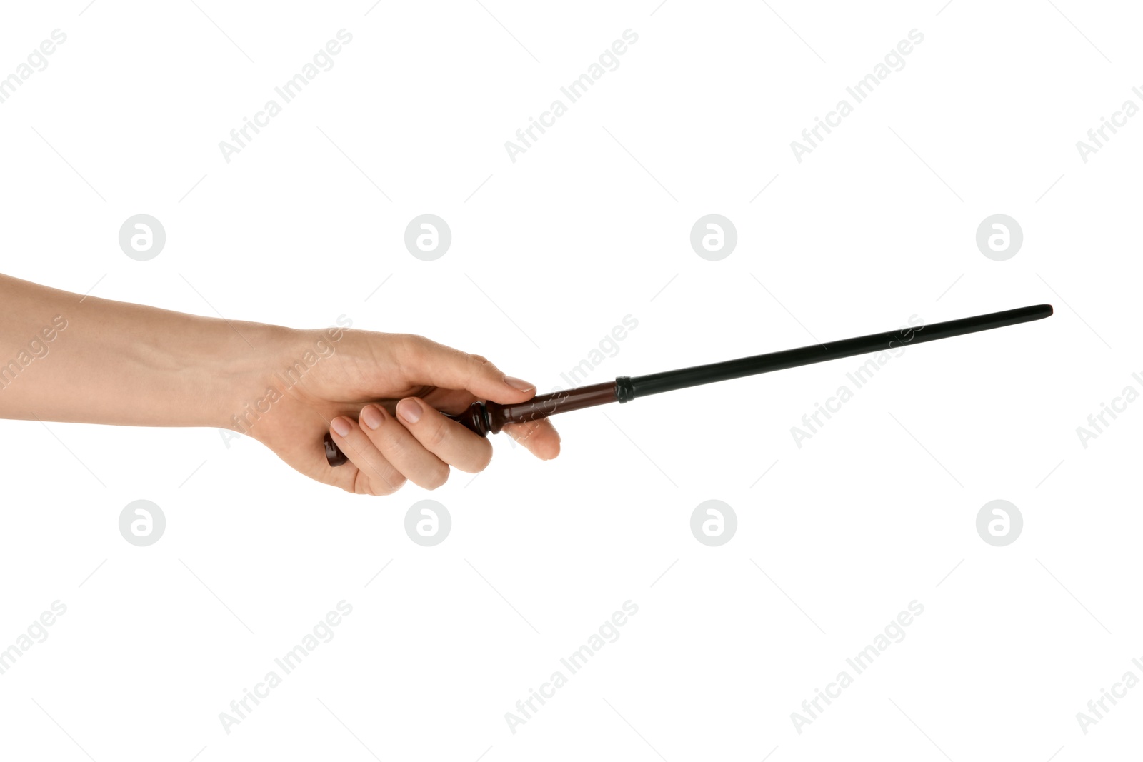 Photo of Woman with magic wand on white background, closeup