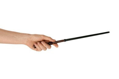 Woman with magic wand on white background, closeup