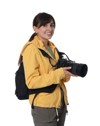 Photo of Photographer with backpack and camera on white background