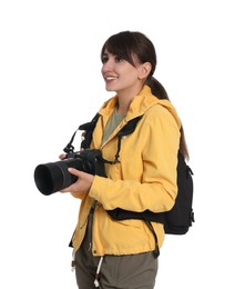 Photographer with backpack and camera on white background