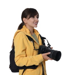 Photographer with backpack and camera on white background