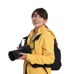 Photographer with backpack and camera on white background