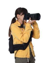 Photo of Photographer with backpack and camera taking picture on white background