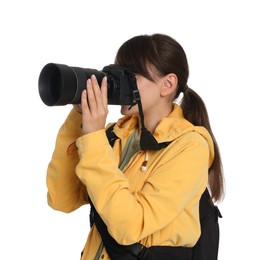 Photographer with backpack and camera taking picture on white background