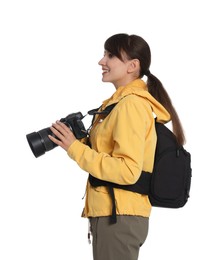 Photo of Photographer with backpack and camera on white background