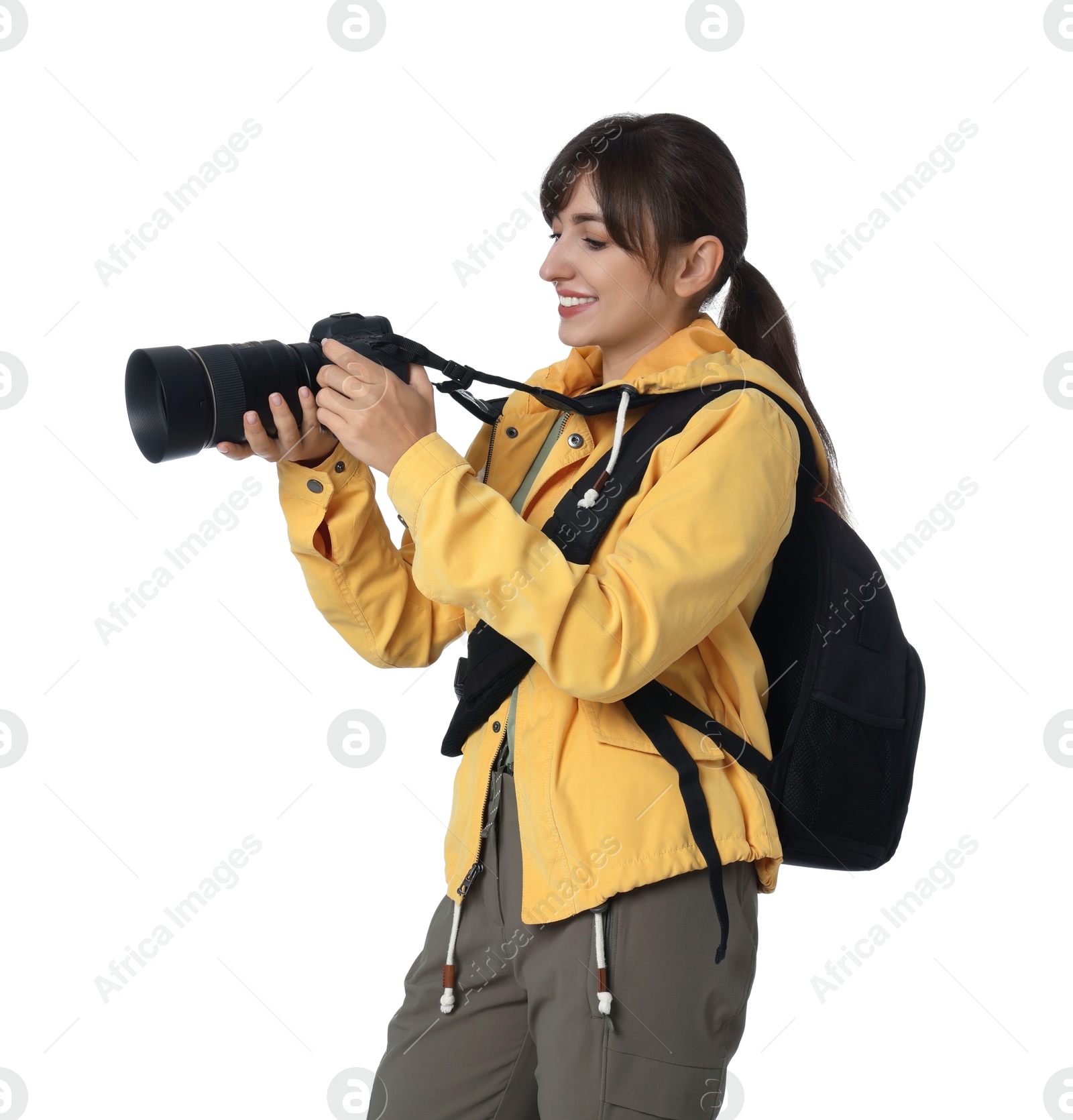 Photo of Photographer with backpack and camera on white background