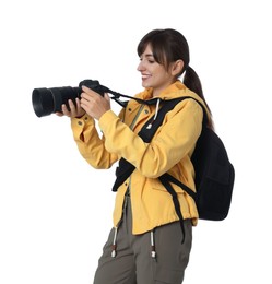 Photo of Photographer with backpack and camera on white background