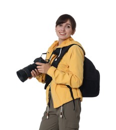 Photographer with backpack and camera on white background