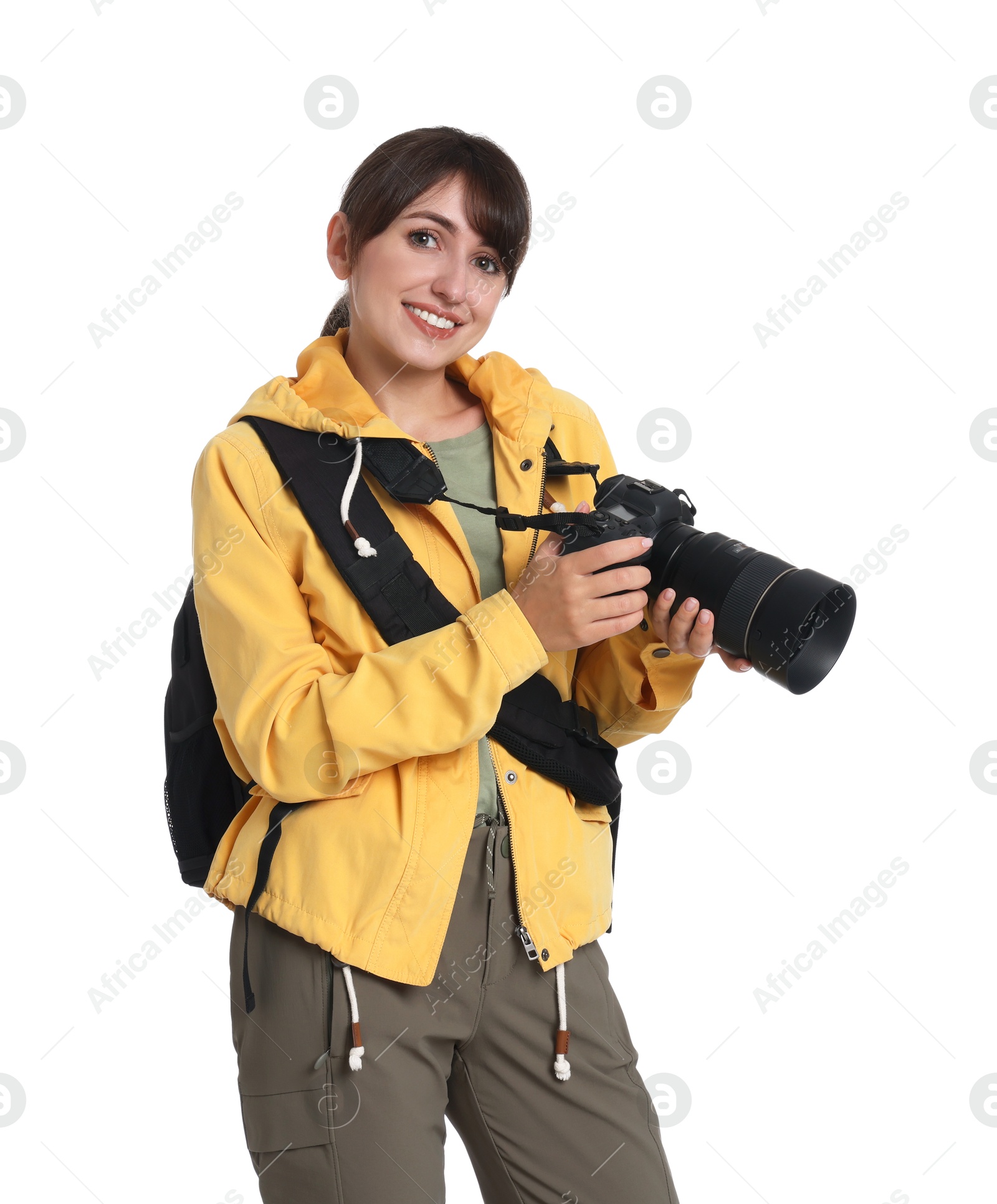 Photo of Photographer with backpack and camera on white background