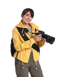 Photo of Photographer with backpack and camera on white background