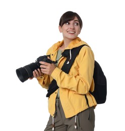 Photo of Photographer with backpack and camera on white background