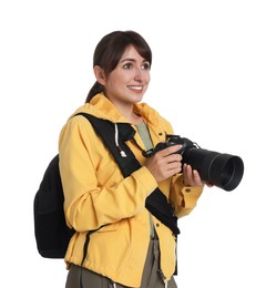 Photographer with backpack and camera on white background