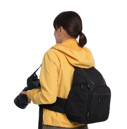 Photo of Photographer with backpack and camera on white background