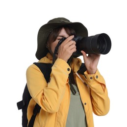 Photographer with backpack and camera taking picture on white background