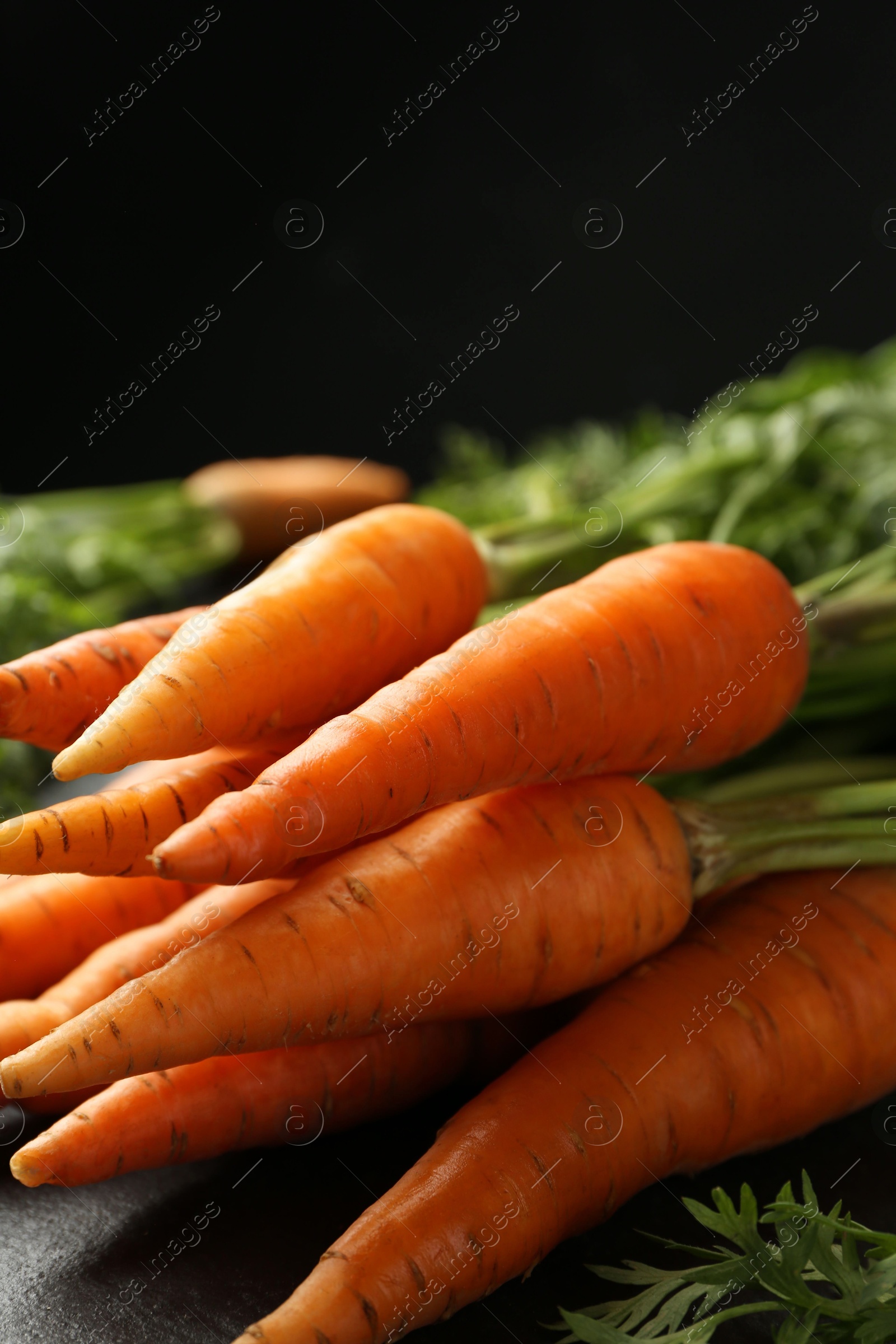 Photo of Tasty ripe juicy carrots on dark gray textured table against black background