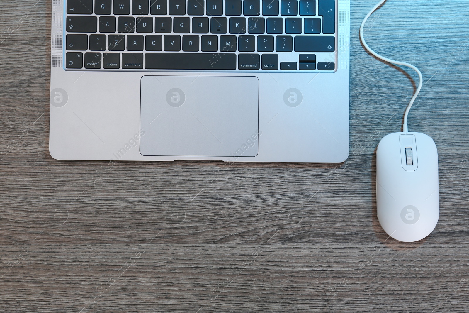 Photo of Computer mouse and laptop on wooden table, flat lay. Space for text