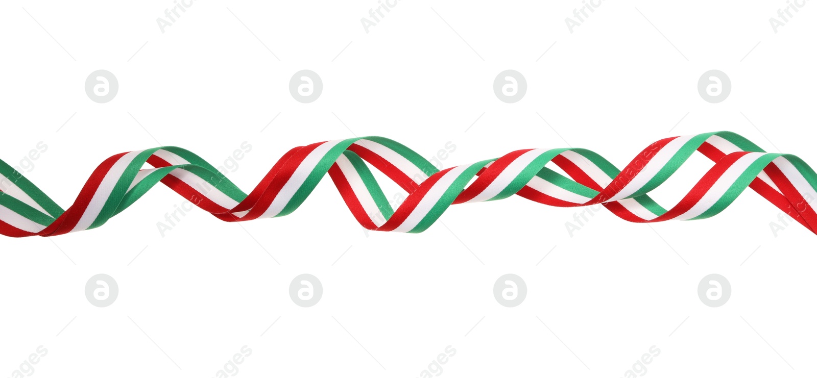 Photo of Ribbons with Hungary flag pattern isolated on white, top view