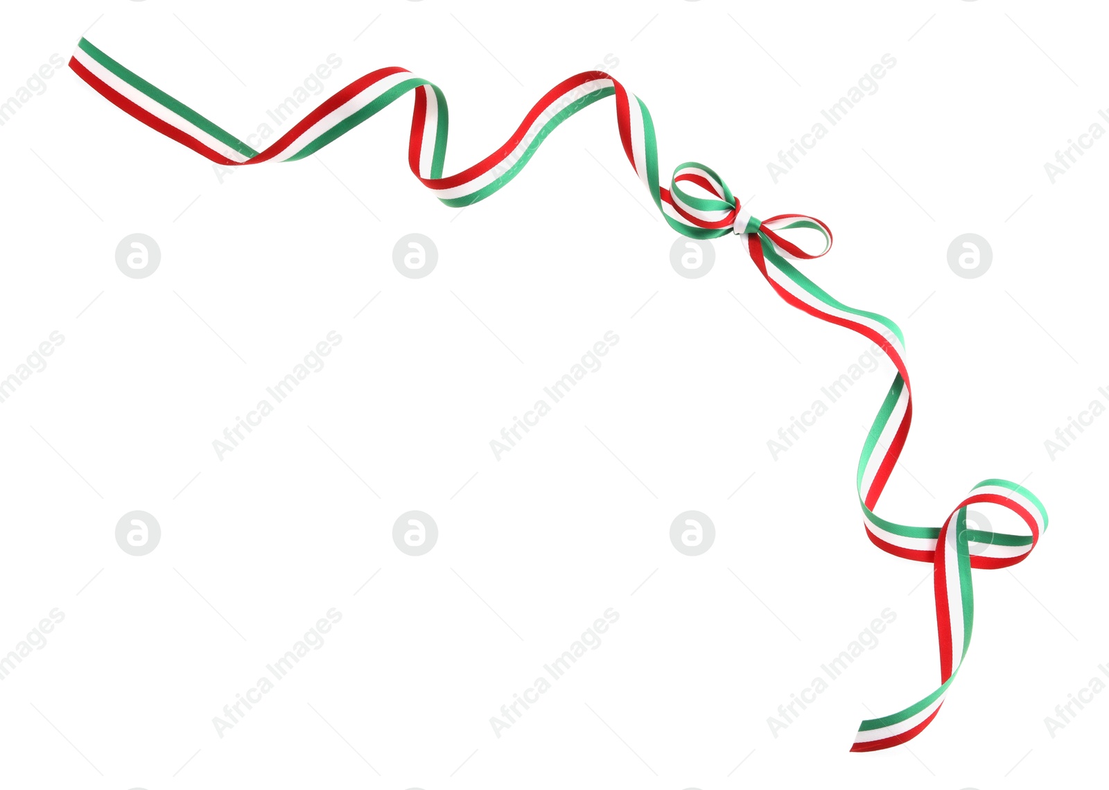 Photo of Ribbon bow with Hungary flag pattern isolated on white, top view